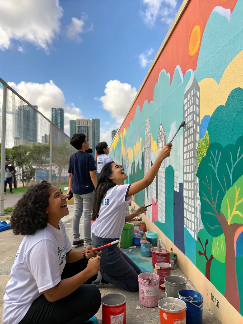 A vibrant image of artists collaborating on a mural, showcasing the collective creative energy AVANT 1 ERE fosters.