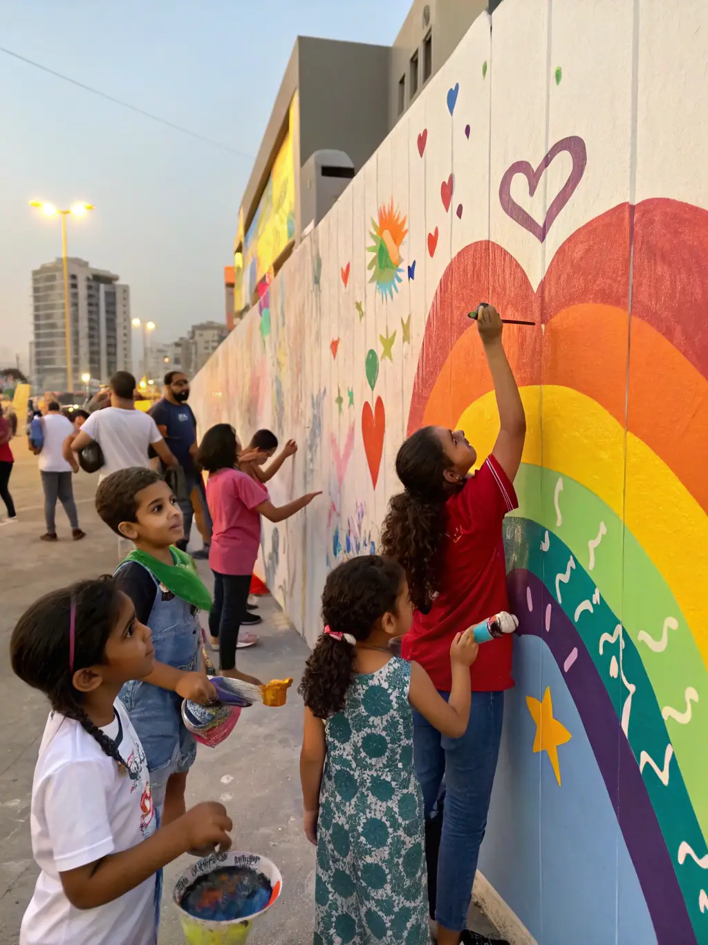 A vibrant image of a community art project, showcasing diverse participants collaborating on a large mural, reflecting AVANT 1 ERE's commitment to inclusive artistic expression.