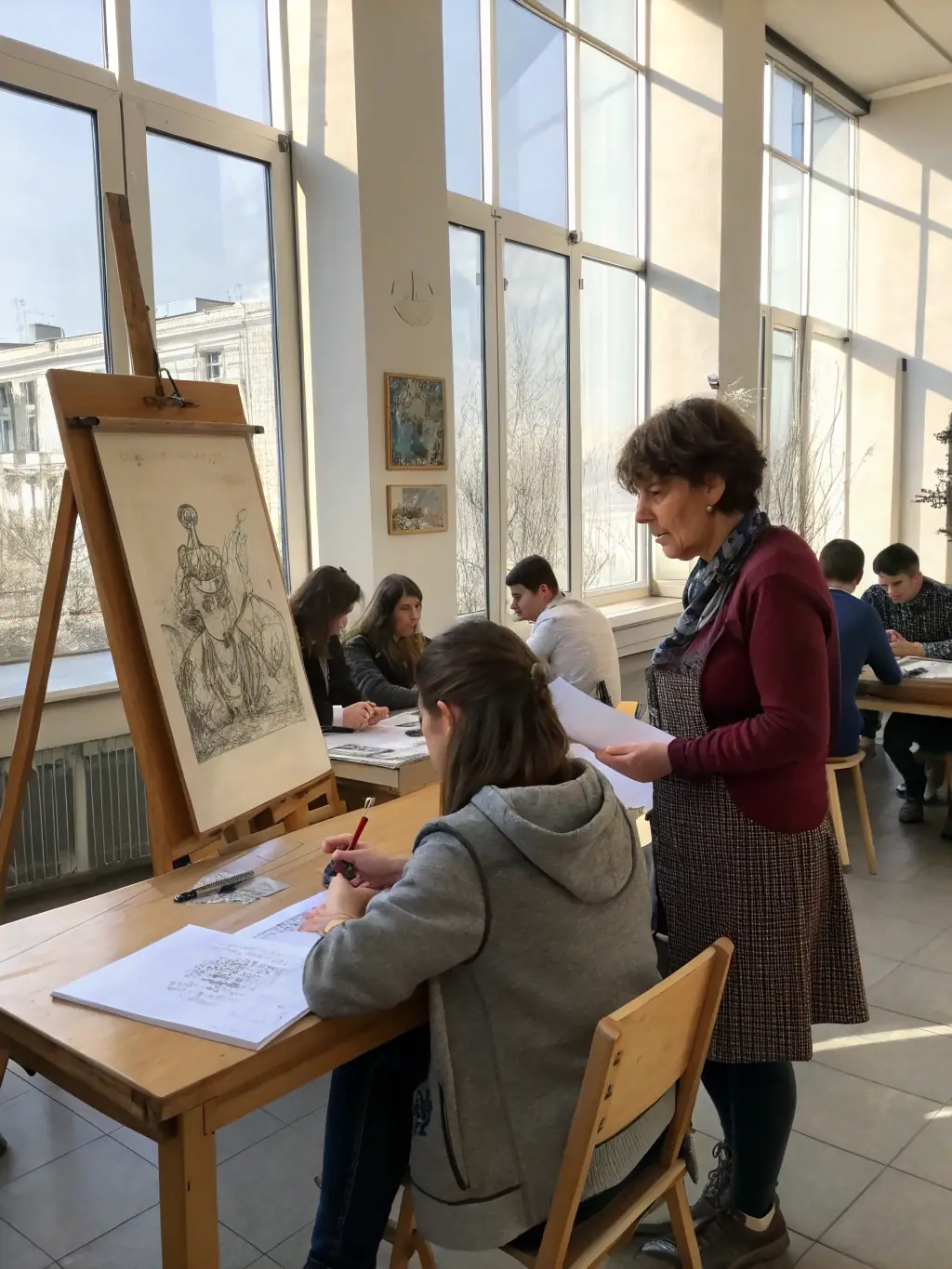 A photo of a skilled instructor guiding students through a painting technique during an AVANT 1 ERE artistic training session.