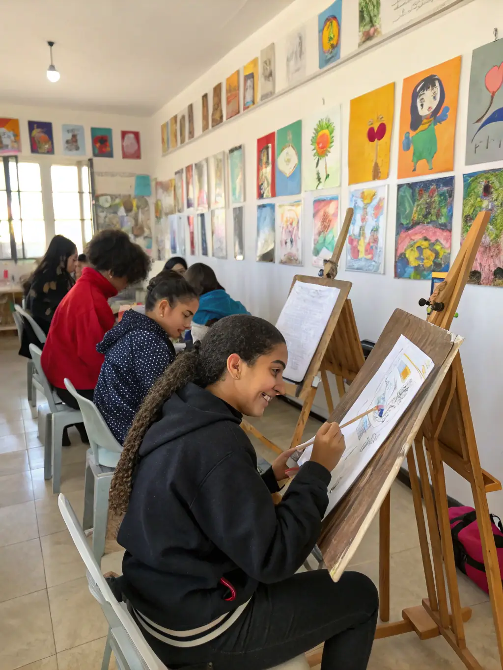 A photo of a youth art workshop, with children actively engaged in painting and sculpting, highlighting AVANT 1 ERE's dedication to nurturing young talent.
